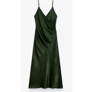 ZARA - Satin Draped Lingerie Style MIDI Dress - Emerald Green  -XS / NWT